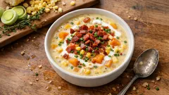 Κρεμώδης σούπα καλαμποκιού (corn chowder) με γλυκοπατάτα και τραγανό μπέικον