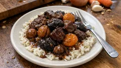 Μοσχάρι στη γάστρα με κάστανα και αποξηραμένα φρούτα – μελωμένο, με πλούσια σάλτσα