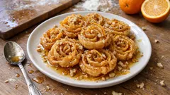 Ξεροτήγανα χωρίς αυγά: τραγανά «τριαντάφυλλα» με μέλι και άρωμα πορτοκαλιού