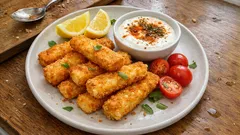 Sticks χαλουμιού στο τηγάνι: τραγανά με πανάρισμα που «δένει» και σως γιαουρτιού