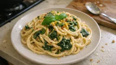 Κρεμώδης μακαρονάδα με χούμους, σπανάκι και λεμόνι – έτοιμη σε 20 λεπτά