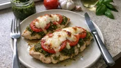 Κοτόπουλο στο φούρνο με πέστο, ντομάτα και μοτσαρέλα — ζουμερό κάθε φορά