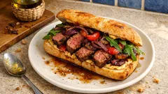 Steak sandwich με καραμελωμένα κρεμμύδια: ζουμερή μπριζόλα και σος μουστάρδας-μαγιονέζας
