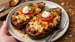 Καλόγερος Νάξου στον φούρνο: μελιτζάνες γεμιστές με μελωμένο μοσχαράκι και τυριά