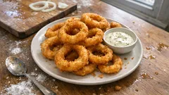 Τραγανά onion rings με κουρκούτι μπίρας — αφράτα και χωρίς να λαδώνουν