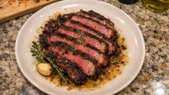 Rib eye στο τηγάνι με σάλτσα βουτύρου – κρούστα απ’ έξω, ζουμερό μέσα