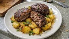 Μπιφτέκια με βρώμη στον φούρνο σε ένα ταψί – πατάτες με μπύρα και λεμόνι