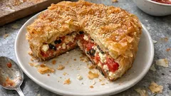 Ντοματόπιτα ταψιού με χωριάτικο φύλλο, φέτα και ελιές — τραγανή χωρίς να νερώνει