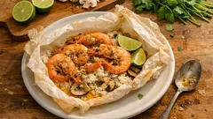 Γαρίδες στο φούρνο σε πουγκί με βούτυρο γαρίδας, ρύζι και μανιτάρια