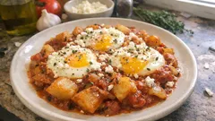 Πατάτες με αυγά στην κατσαρόλα: απλή σάλτσα ντομάτας και μελάτο τελείωμα