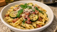 Μακαρόνια με κολοκυθάκια και καπνιστή πανσέτα – βελούδινη σάλτσα με λευκό κρασί