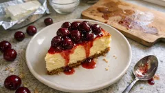 Ψημένο cheesecake με καραμελωμένα βύσσινα – κρεμώδες και σταθερό, σαν ζαχαροπλαστείο