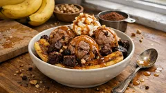 Banana split με θεϊκό μπράουνι: ζεστές καραμελωμένες μπανάνες και παγωτό