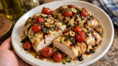 Φιλέτο κοτόπουλου στον φούρνο με ντοματίνια βουτύρου, βαλσάμικο και γραβιέρα