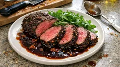 Πιπεράτο μοσχαρίσιο φιλέτο με δαμάσκηνα – ζουμερό ψήσιμο και σάλτσα μαυροδάφνης
