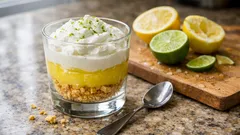 Αποδομημένη lemon pie σε ποτήρι: κρέμα λεμονιού, τραγανό σαμπλέ και σαντιγί λάιμ