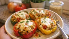 Γεμιστές πιπεριές με κοτόπουλο, πλιγούρι και μοτσαρέλα – ζουμερές στον φούρνο