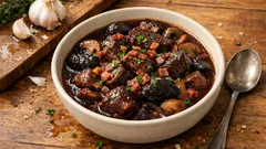 Χριστουγεννιάτικο μοσχάρι κατσαρόλας με δαμάσκηνα και μανιτάρια – σάλτσα που δένει μόνη της